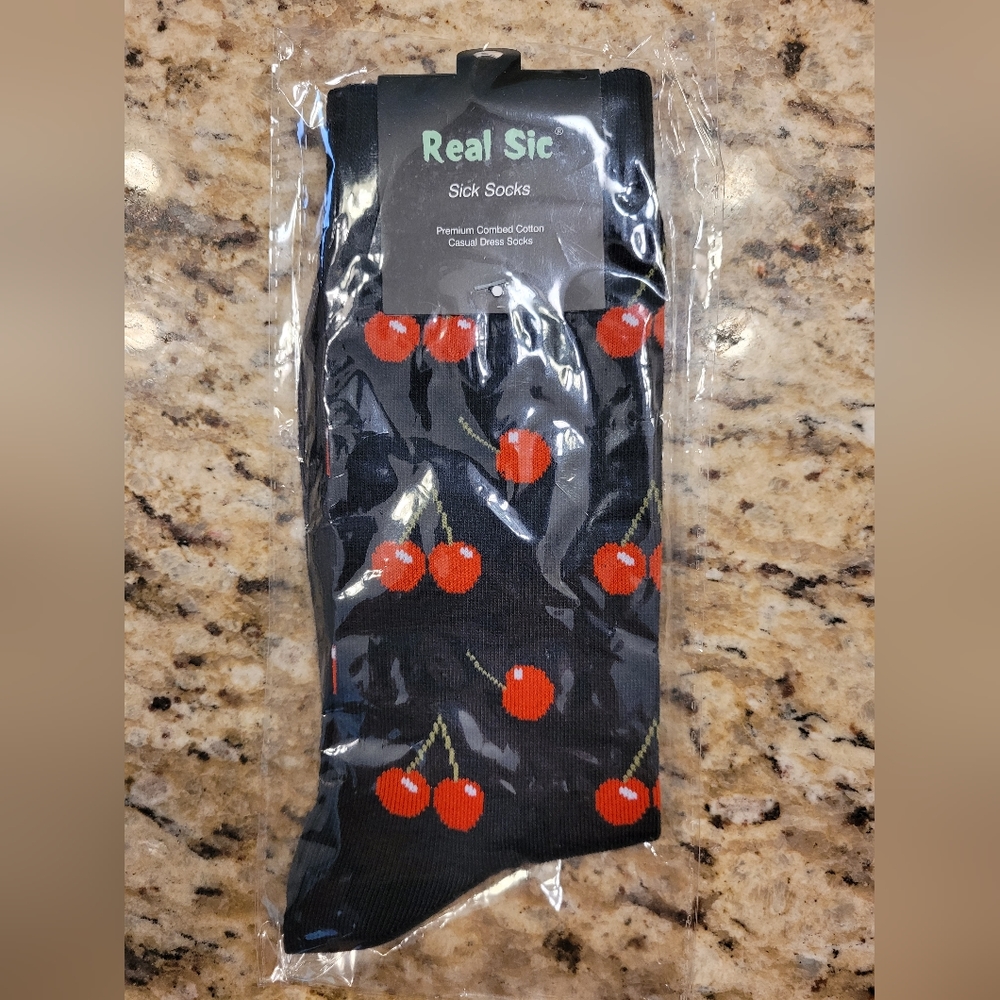 Real Sic Black Socks Red Cherry Print - Picture 1 of 4